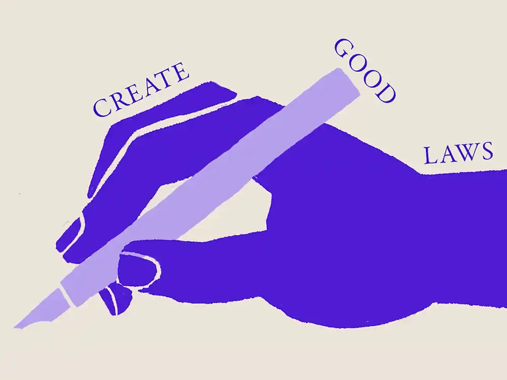 Illustrated purple hand writes with a pen beside the words CREATE GOOD LAWS, from Lambda Legal's All Rise campaign