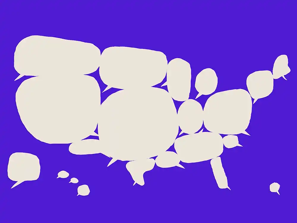 Cream speech bubbles form a map of the United States on a blue field, from Lambda Legal's All Rise campaign