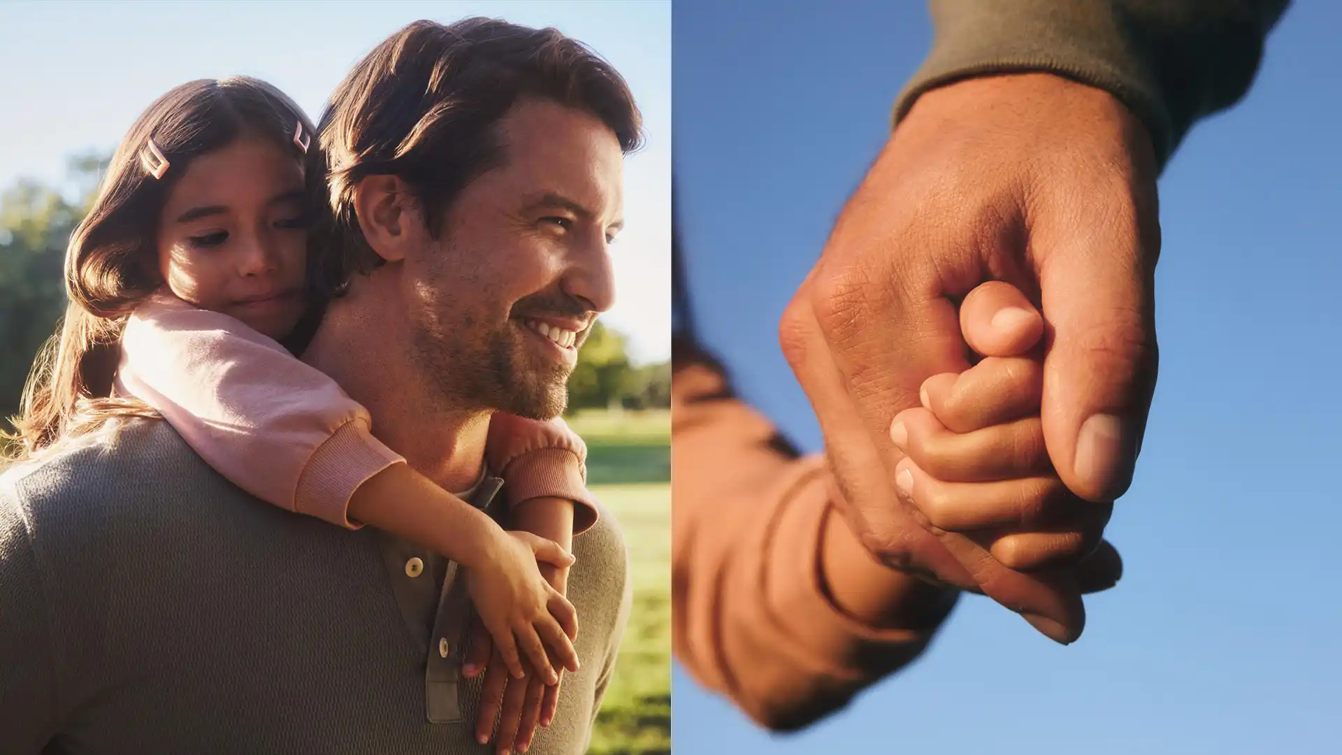 Split frame of a smiling father carrying a young girl piggyback beside a close-up of an adult hand holding a child's hand against a blue sky