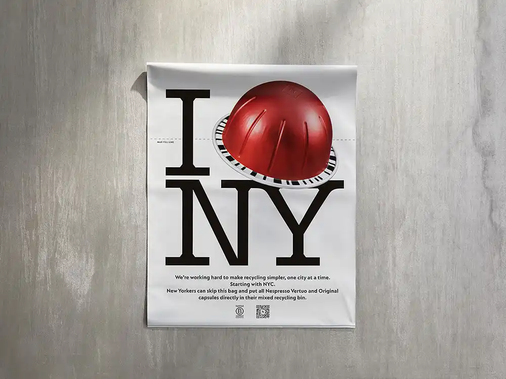 I NY recycling bag with a red Nespresso capsule as the heart, from Innovation You Can Taste