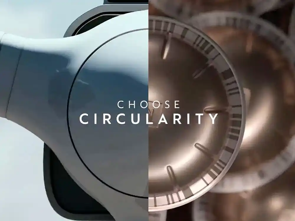 Split frame of a pale turbine and stacked capsules overlaid with Choose Circularity, from Nespresso's Innovation You Can Taste