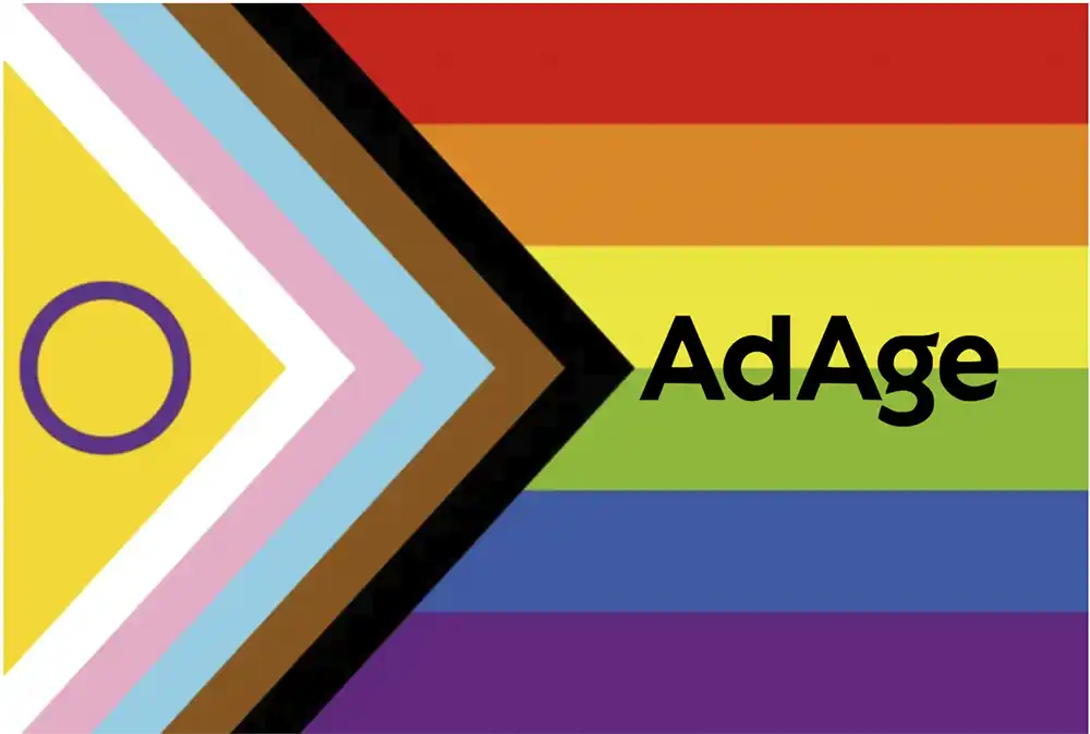 Progress Pride flag chevron beside rainbow stripes with AdAge in black, from Ad Age Pride 2024