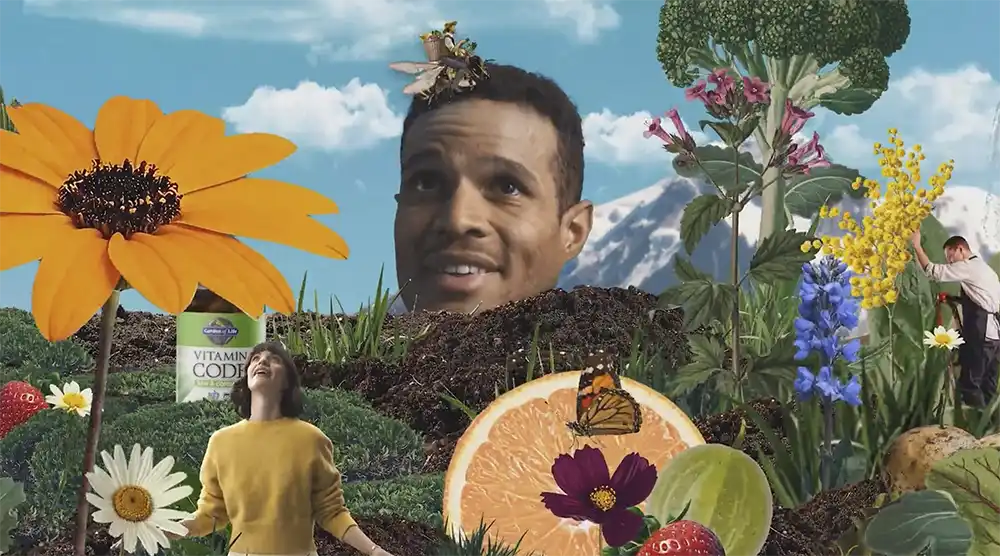 A man's head rises from garden soil among fruit, flowers, and a woman in yellow in Garden of Life's Formulas campaign for MediaPost