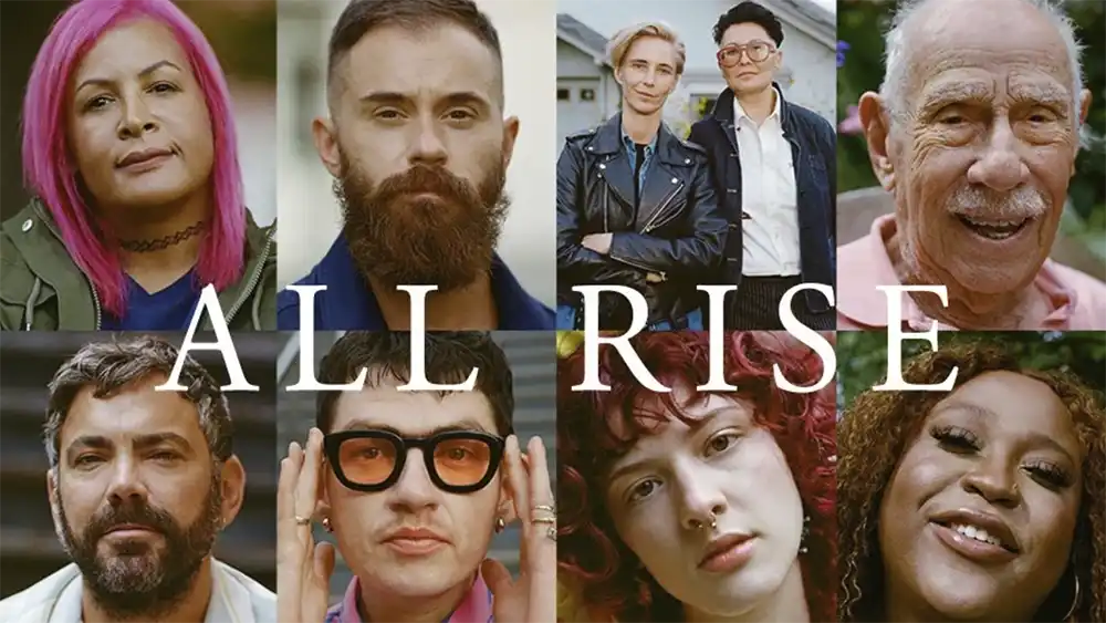 ALL RISE in white across a grid of eight portraits for Lambda Legal's campaign in Muse by Clios